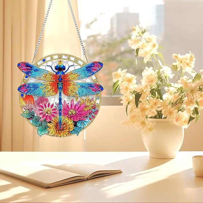 AIRDEA Hanging Diamond Painting Kits Dragonfly,Special Shaped Diamond Art Kits for Beginner Flowers Gem Art Pendant Decor,7.87x7.59in