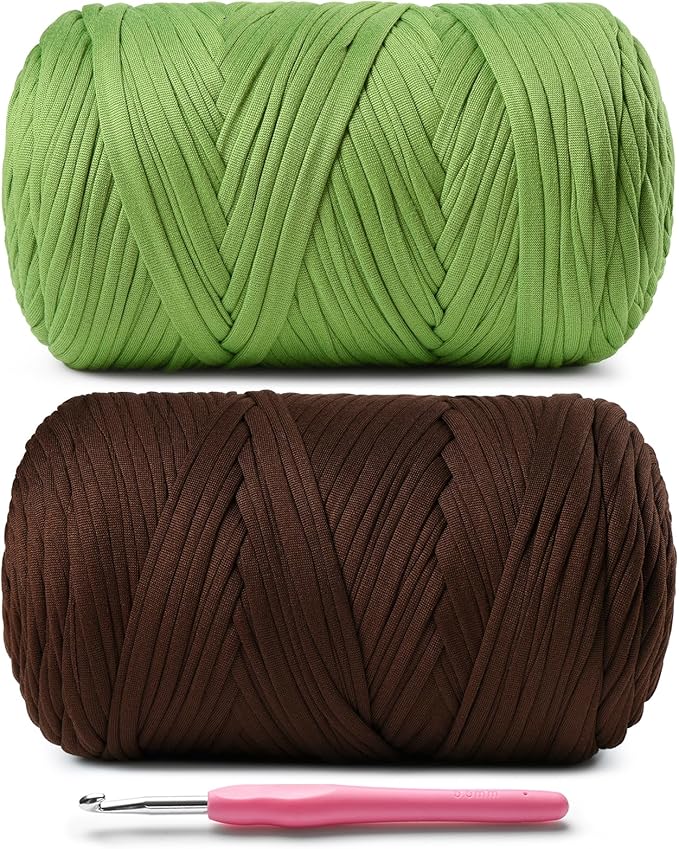 2 Pack Elastic Fabric T Shirt Yarn for Crocheting,Beginner Crochet Yarns with Polyester Spandex Blend,Total 800g/228yds Soft Tshirt Yarn for Crochet Crafts/Bags/Baskets(Lime Green+Coffee)