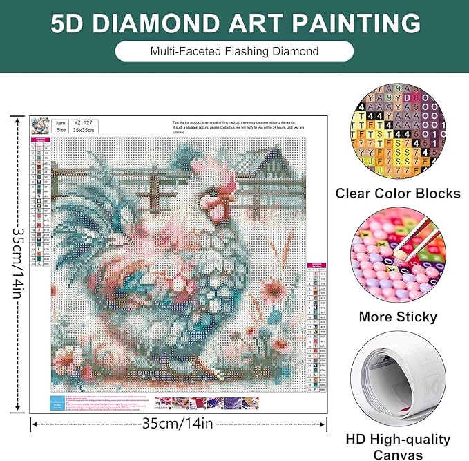 mrpwnle Chicken Diamond Art Kits for Adults, Colorful Rooster Diamond Painting Kits for Adults Beginners, 5D Round Drill Gem Art Easy Diamonds Painting Kit, Home Wall Decor 13.8X13.8 Inch