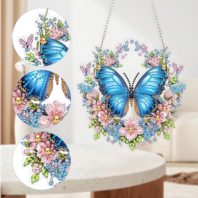 QENSPE Diamond Art Hanging Kits for Adults, 5D Blue Butterfly Special Shape Diamond Paingting Ornaments Kits with Chain, DIY Crystal Window Pendants for Home Garden Wall Decor Double Sided 8X8 inch