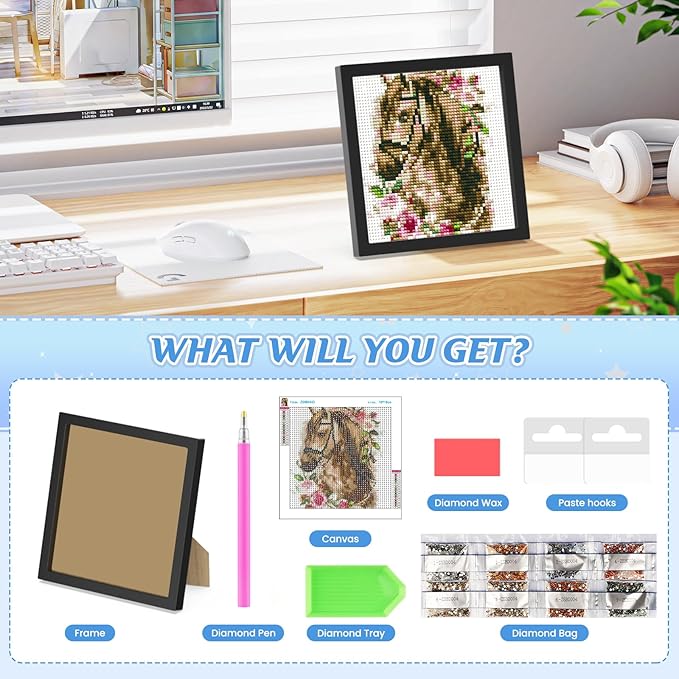 SENQAO Horse Diamond Art Kit for Kids with Frame, Ages 4-8, Easy Gem Art Kit for Home Wall Decor (7.1x7.1 inch)