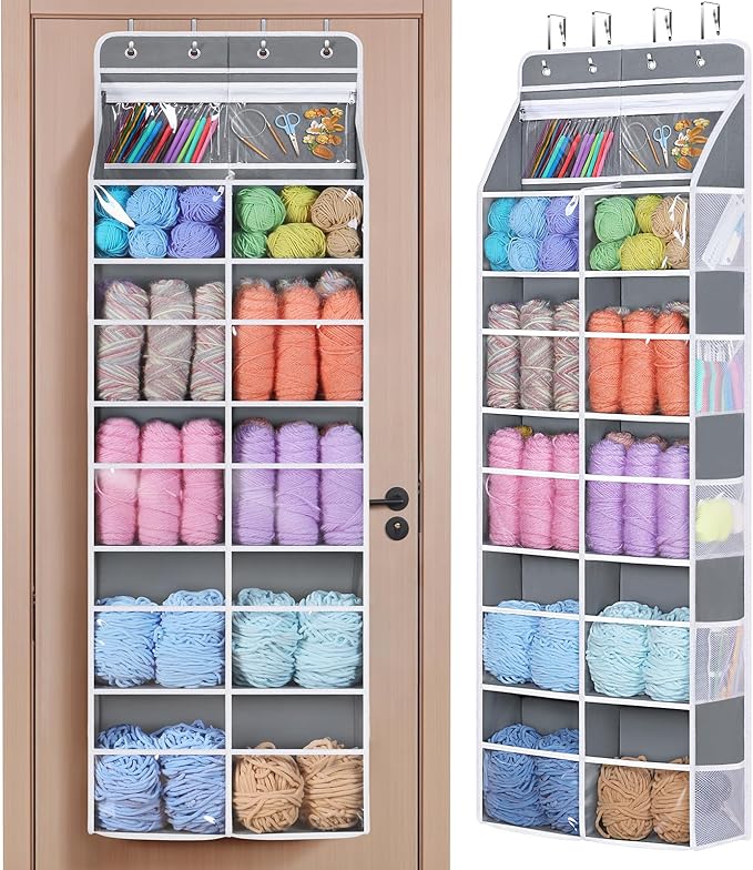 Univivi 6 Tiers Hanging Yarn Storage Organizer, Large Knitting Organizer with 12 Deep Clear Pockets & 10 Mesh Side Pockets, Over The Door Yarn Holder for Crochet Hooks, Knitting Needles, Grey
