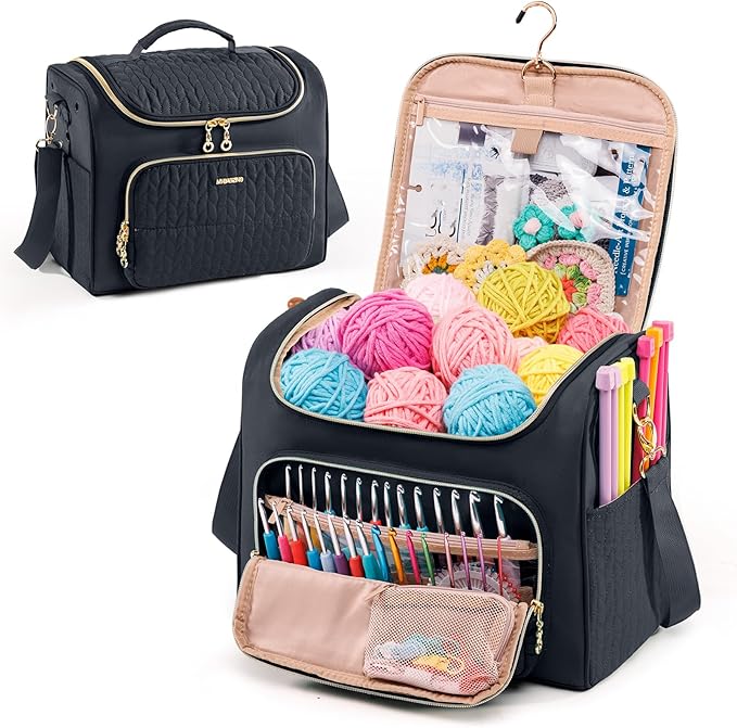 MYBAGZING Crochet Bag Organizer, Quilted Storage Bag with Hanging Hook, Yarn Holder for Knitting & Crochet Accessories, Crochet Gift for Mother's Day