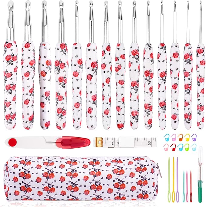 Weabetfu Crochet Hook Set 14Pcs Hand-Rubber Crochet Needles 2.25mm(B)-10mm(N) Streamline Crochet Hooks for Arthritic Hands Rose Metal Knitting Needles with Storage Case