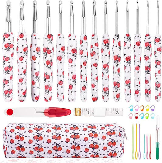Weabetfu Crochet Hook Set 14Pcs Hand-Rubber Crochet Needles 2.25mm(B)-10mm(N) Streamline Crochet Hooks for Arthritic Hands Rose Metal Knitting Needles with Storage Case