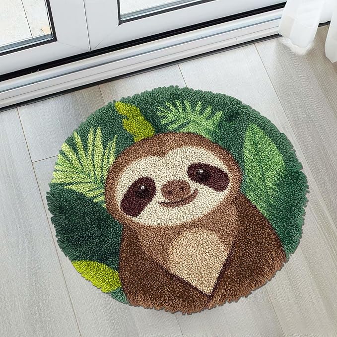 Latch Hook Rug Kit Cute Sloth Stamped Handmade Round Shape Carpet Crochet Yarn Craft DIY Hook and Latch Door Mat Tapestry for Christmas Home Floor Decor 50x50cm(1)