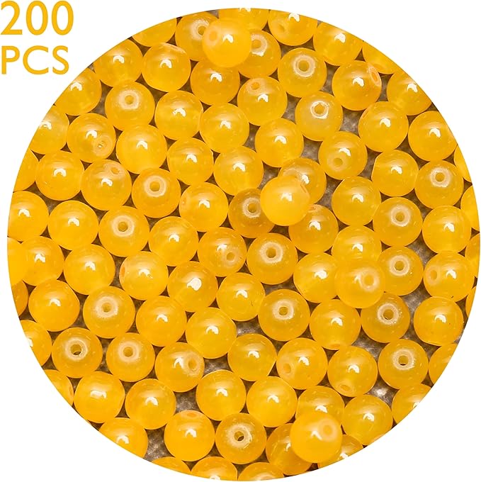 200PCs 8mm Yellow Jade Glass Beads Bulk, Round Smooth Hole Glass Crystal Beads for Jewelry Making, DIY Bracelets, Necklaces, Bag Charms, Keychains and Craft Projects