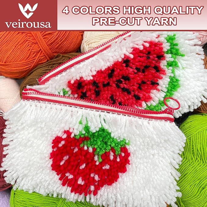 veirousa Strawberry & Watermelon Latch Hook Pencil Case Kit for Adults Beginners, Flully Fruit DIY Craft Pencil Pouch for Girls Boys 2 Pack Set