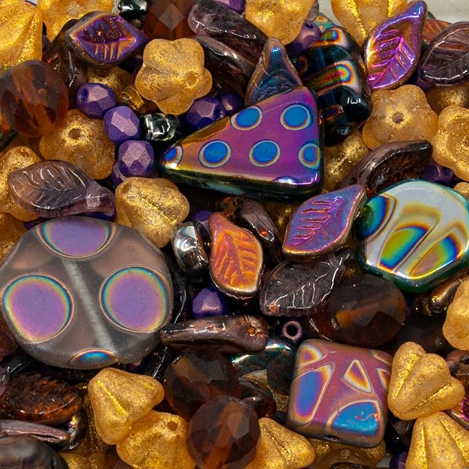 1.4oz (40g) Limited Mix of Czech Glass Beads, Hand Made Set Kit, Purple Fantasy Golden Bell Flowers