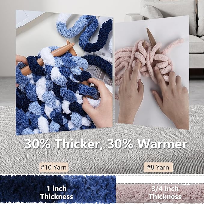 Chunky Yarn for Hand Knitting - #10 Chunky Chenille Blanket Yarn, Jumbo Big Thick Chunky Yarns for Crocheting, Tie Dye Bulky Knit Yarns, 8 Skein (25 yds 8 oz Each Skein), Multi Blue & White