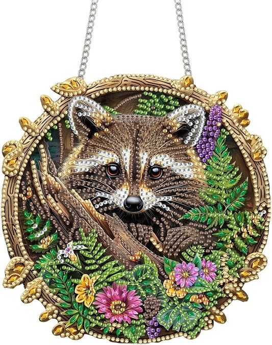 Yomiie Raccoon Sun Catcher Window Hanging - DIY Double Sided Animal Diamond Painting Pendant Kit, Acrylic Diamonds Art Ornament for Front Door Sign & Indoor/Outdoor Garden Decor(8x8 inch)
