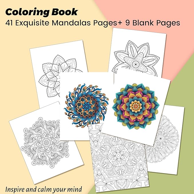 Mandala Coloring Book for Adults 41 Unique Single Sided Patterns and 9 Blank Pages with 12 Colored Pencils Set 130GSM Thick Paper Stress Relief & Mindfulness Gift for Women Men, 8.5 X 11in