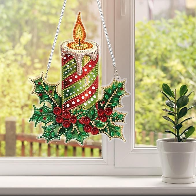 HEIBAGO Candle Diamond Art Hanging Kits for Adults Kids, 5D Special Shaped Crystal Diamond Painting Kit, DIY Pattern Window Pendant Gem Art Kit for Home Wall Decor 8.3 x 8.3 Inch