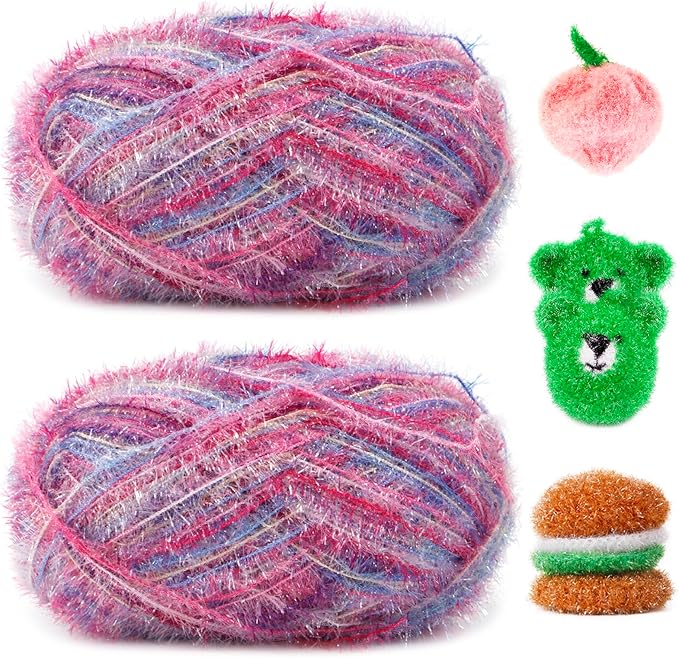 JeogYong Scrubby Yarn 2 Skeins (2 x 100g, 2 x 218yd) Scrubby Sparkle Yarn, Fluffy Polyester Scrubbie Crochet String for Crocheting Knitting Dishcloths Washcloths DIY Projects
