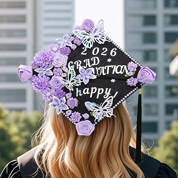VISSTREE Graduation Cap Decorations Kit, 56 Pcs 2026 DIY Cap Decoration with Purple Artificial Flower Rhinestones Letter Stickers 3D Glitter Butterfly for Graduation Dress Grad Hats Topper