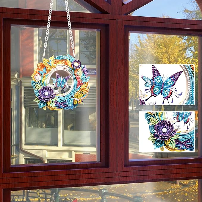 Flower Birdcage Design DIY Diamond Art Painting Wreath Kits Special Shaped Rhinestone Diamond Art Window Pendants Home Garden Wall Hanging Kits (Single Side Point Drill) (#11-Cat) (#14-Butterfly)