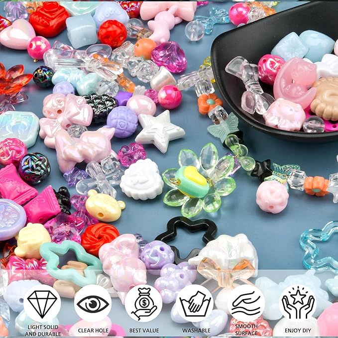 ABONDEVER 245-300Pcs Assorted Acrylic Beads for Bracelets Making Cute Star Bow Flower Candy Heart Gummy Bear Butterfly Aesthetic Beads for DIY Jewelry Keychain Necklace Phone Charms(Random)