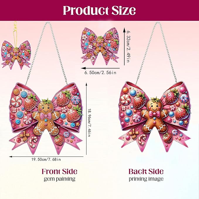 Masendp Adult Diamond Art Hanging Double Sided Kit, Special Shape Rhinestone Bow Gingerbread Man, DIY Acrylic 5D Diamond Art Painting Window Pendant Home Garden Wall Mounting Kit Hanging Ornament.