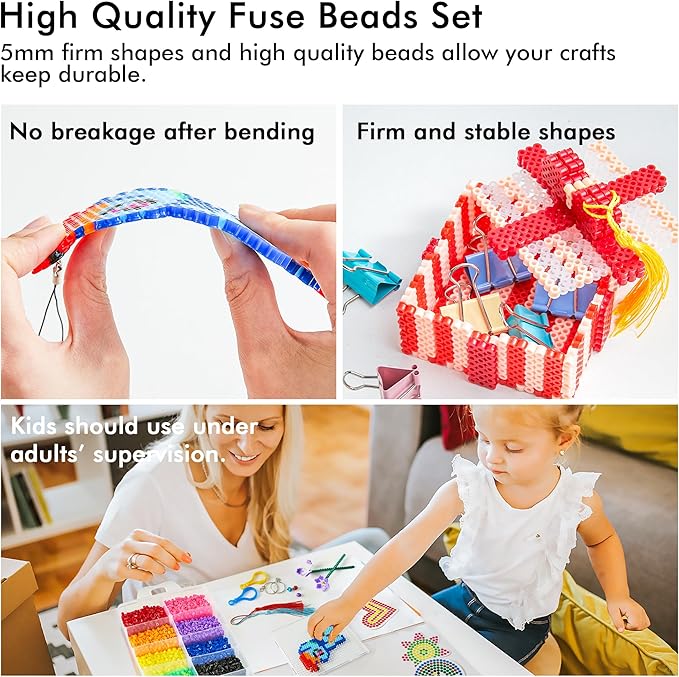 INSCRAFT Fuse Beads, 33000pcs Fuse Beads Kit for Kids, 33 Color 5MM Iron Beads Set with 150 Patterns, 8 Pegboards, 15 Ironing Paper, 6 Tweezers, 85 accessories, Craft Kits Gifts for Birthday Christmas