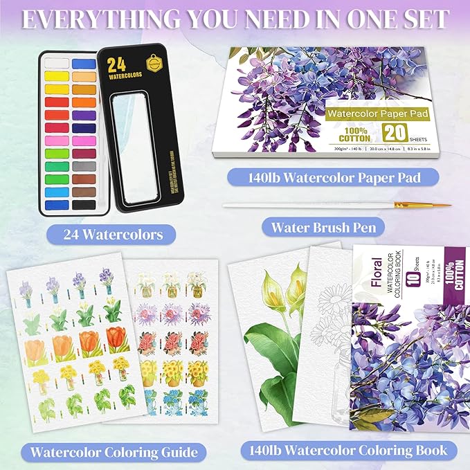 Vashly Watercolor Coloring Book Kit for Adults - Complete 24-Color Paint Set with Brush, 8.3"x5.8" Premium 100% Cotton Paper Pad, Beginner-Friendly Floral Art Therapy & Stress Relief Workbook