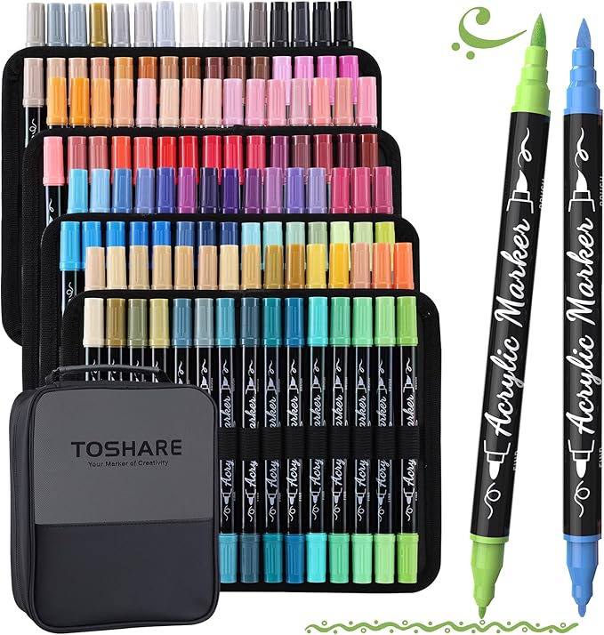 120 Colors Acrylic Paint Markers Waterproof Dual Tip Acrylic Paint Pens with Brush & Fine Tip Professional Marker Set Scrapbook Markers for Paper Rock Wood Fabric Glass Ceramic and DIY Crafts