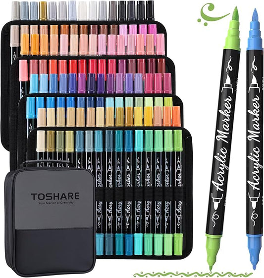 120 Colors Acrylic Paint Markers Waterproof Dual Tip Acrylic Paint Pens with Brush & Fine Tip Professional Marker Set Scrapbook Markers for Paper Rock Wood Fabric Glass Ceramic and DIY Crafts
