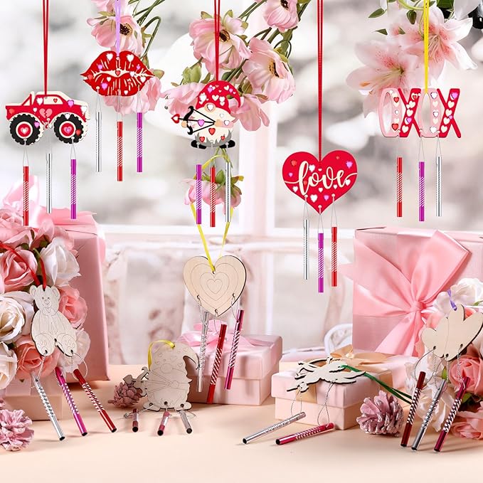 JellyArch 30 Pack Valentine's Day Crafts for Adults, Heart Wind Chime Making Kit Make Your Own Wind Chime Wooden Ornaments for DIY Crafts Activity Birthday Decoration