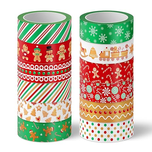 Whaline 12 Rolls Christmas Washi Tape Xmas Gingerbread Man Candy Cane Decorative Masking Tape for Christmas Scrapbook Journal DIY Art Craft Gift Wrapping