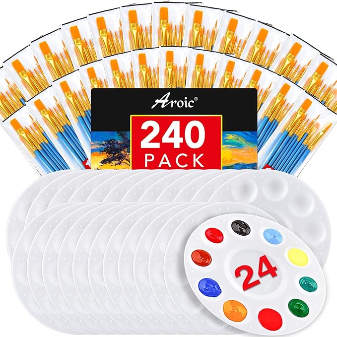 AROIC Paint Brushes Palette Set,24 Pack/240Pcs Acrylic Paint Brushes and 24 Palettes, Professional Artist Brushes, Finger and Face Painting Oil Painting Watercolor Kid's and Adult Painting Art Set.