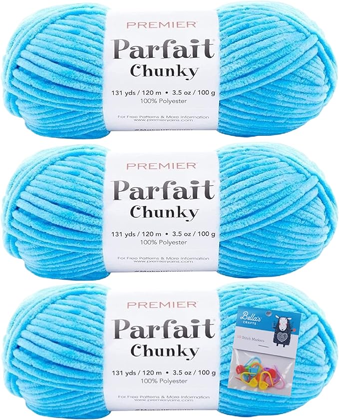 Premier Yarns Parfait Chunky Chenille Yarn 3.5 Oz 6 Super Bulky Weight 3 Pack Bundle with Bella's Stitch Place Holders (Azure)
