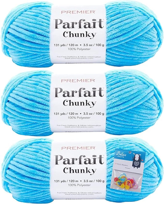 Premier Yarns Parfait Chunky Chenille Yarn 3.5 Oz 6 Super Bulky Weight 3 Pack Bundle with Bella's Stitch Place Holders (Azure)