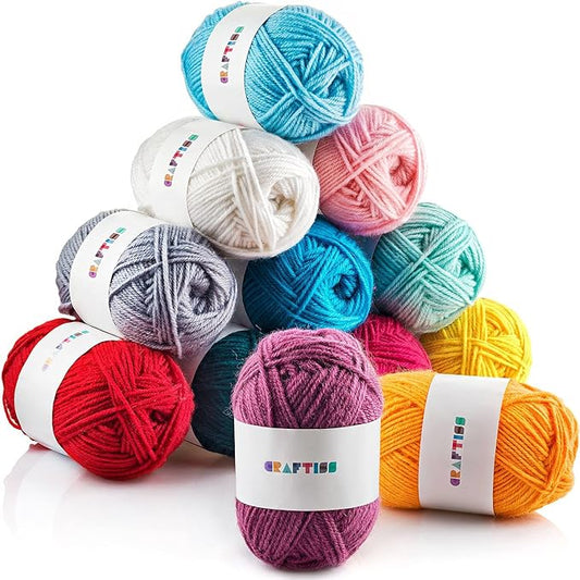 craftiss 12x1.75 oz acrylic yarn skeins - 1300 yards of soft yarn for crocheting and knitting craft project, assorted starter crochet bulk kit for adults and kids