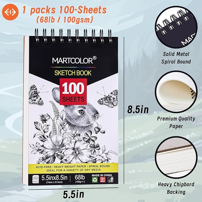 MARTCOLOR 5.5X8.5” Premium Sketch Book Set, 1 Pack, 100 Sheets(68 lb/100gsm) Sketchbook, Spiral Bound, Acid-Free Drawing Paper, Artist Sketch Pad for Beginners Artists, Perfect for Most Dry Media