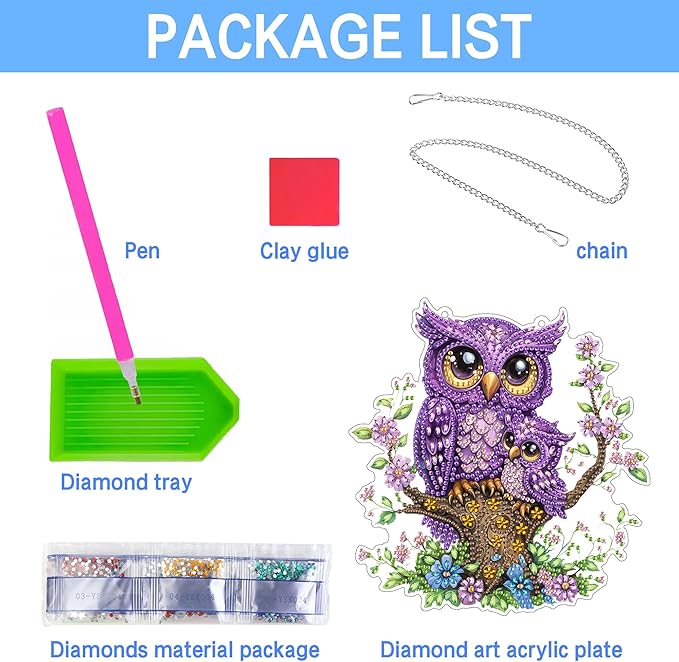 VAIIEYO Owl Diamond Art Hanging Ornament, Animal Bird Diamond Painting Suncatchers Window Hanging Kit with Chain, 7.5x7.5 inch Crystal Pendant Art Craft for Gift Home Wall Front Door Decoration