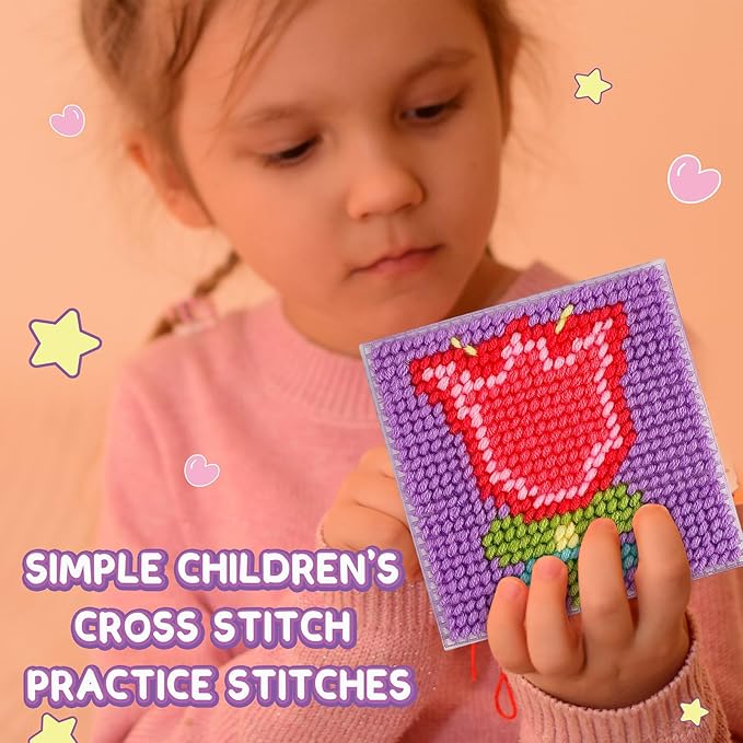 Caydo 8-in-1 Cross Stitch Kit for Beginners Kids, Includes 8 PCS Plastic Canvas with Pre-Patterns, 13 Colors Threads, Instructions, Embroidery Needles for Sewing and Coaster Needlepoint
