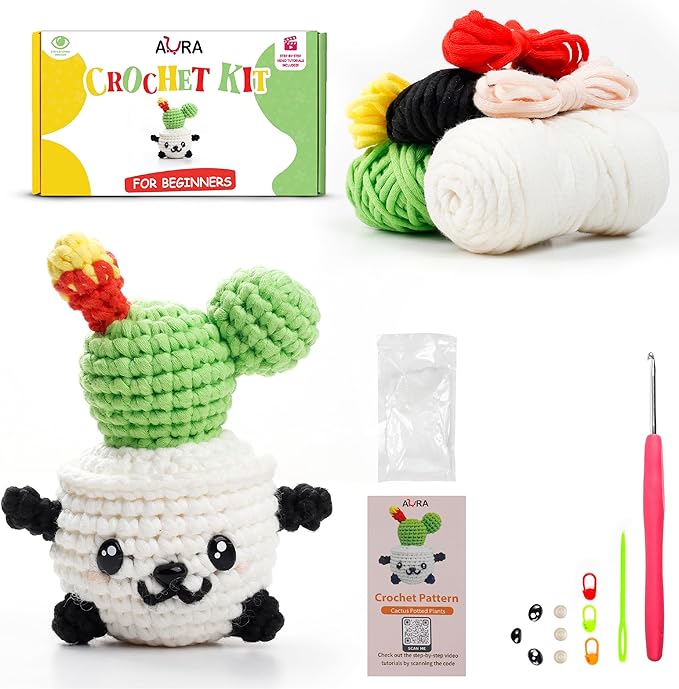 A-URA Learn to Crochet Kit for Beginners Kids and Adults, Premium Pattern Panda Cactus Beginner Crochet Kits with Easy Tube Yarn & Step-by-Step Video Tutorials