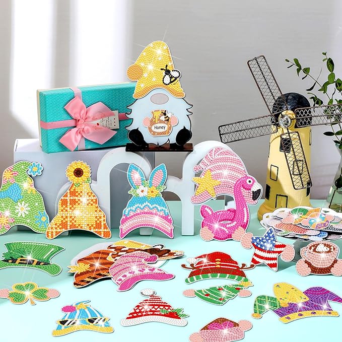 DoubleFill 42 Pcs Easter Diamond Kits St Patricks Day Interchangeable Wooden Table Decorations DIY Holiday Easter Party Seasonal Tiered Tray Art Decor Diamond Painting Magnets(Gnome)