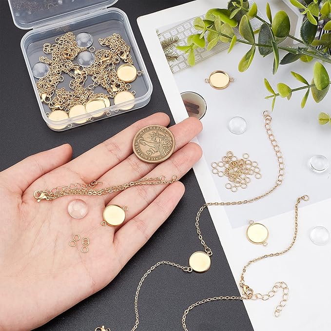 NBEADS 10 Sets Bracelet Making Kit - Gold Tray with 10 Pcs Stainless Steel Chain, Jewelry Bezel Base, Glass Cabochons & 50 Pcs Jump Rings