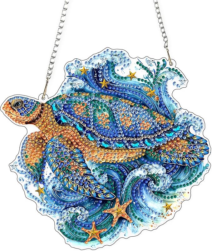 Lxmsja DIY Turtle Starfish Diamond Painting Hanging Ornament, Double-Sided Acrylic Ocean Waves Diamond Art Kit, Special Shaped Suncatcher Hanging Pendant Window Art Kit 7x8 inch