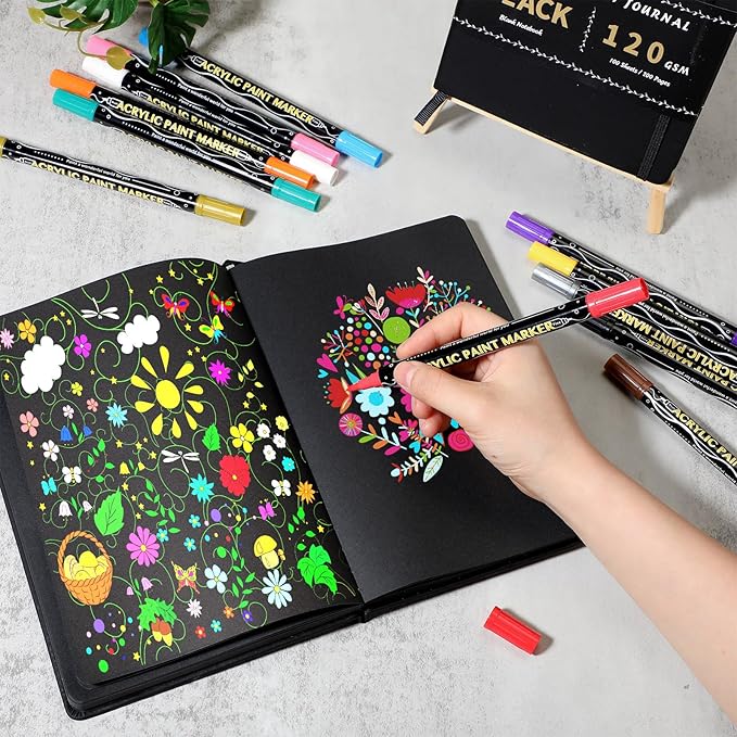 Thenshop 2 Pcs/200 Sheets Black Paper Sketchbook with 12 Metallic Marker Pens Set 6 x 8 in Black Writing Page Journal Notebook for Colored Gel Pens PU Hardcover Drawing Gifts