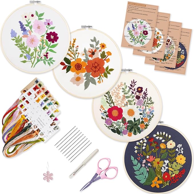 bonroy 4 sets embroidery kit for beginners with instructions,cross stitch kits for adults with pattern,needlepoint kits for adult include embroidery cloth hoops needles threads