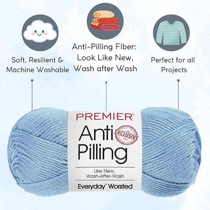 Premier Yarns Everyday Anti-Pilling Solid Baby Blue DN100-5 (3-Skeins - Same Dye Lot) #4 Worsted Weight Acrylic Yarn for Crocheting and Knitting with Project Bag