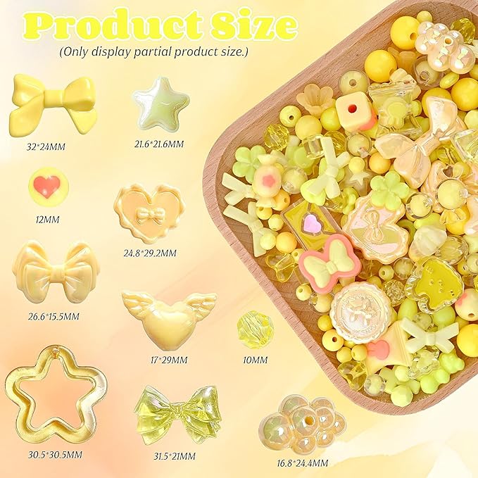 Omiposs 300Pcs Acrylic Beads for Bracelet Making with Cute Kawaii Charms, Beads & Assortments for Friendship Bracelets, Jewelry Making DIY Necklace Keychain Phone Charm Craft Gifts (Yellow)