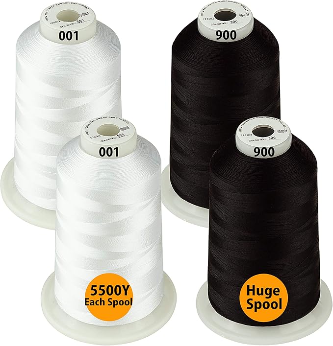 Simthread - 33 Selections - Various Assorted Color Packs of Polyester Embroidery Machine Thread Huge Spool 5500Y for All Purpose Sewing Embroidery Machines - 2White+2Black