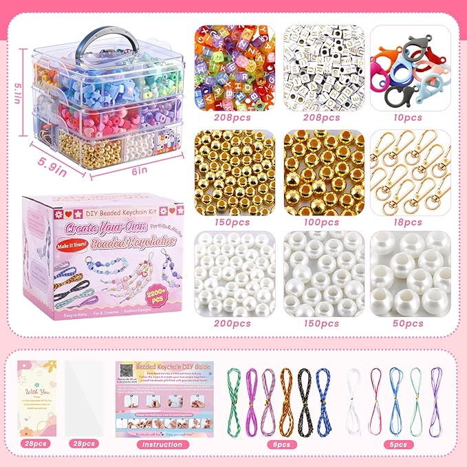 TOHONGADON 2200 PCS DIY Bag Charm Kits, Assorted 8 Colors Acrylic Heart Star Flower Letter Alphabet Beads, Beaded Keychain Making Kit for Women, Keychain Jewelry Making Kit with Beads