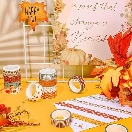 Whaline 12 Rolls Fall Boho Washi Tape Autumn Pumpkin Sweater Washi Tape Decorative Masking Tape for Thanksgiving Harvest Scrapbook Journal DIY Art Craft Gift Wrapping Supplies