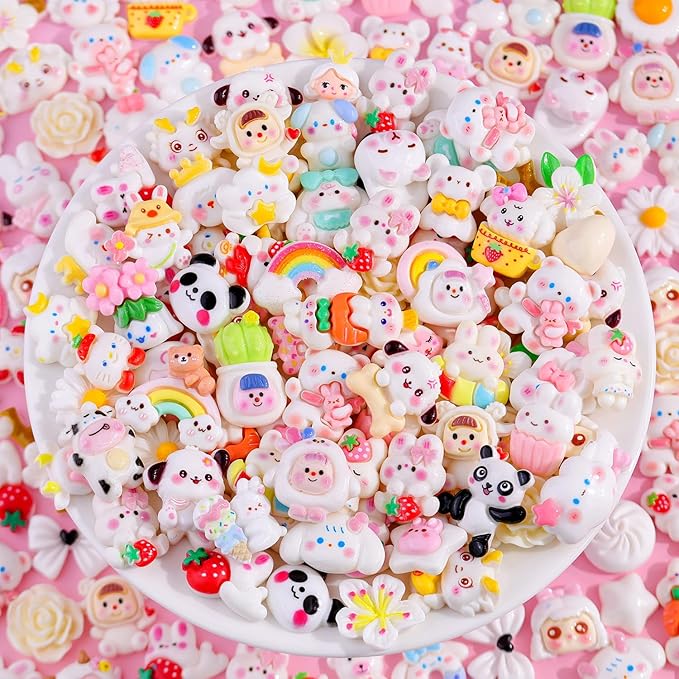 100PCS White Slime Charms Cute Flatback Resin Charms for Slime, Random Kawaii Decoden Charm for Embellishments Phone Junk Case Charms Bulk, Hairpins Scrapbooking Crafting & DIY Decoration