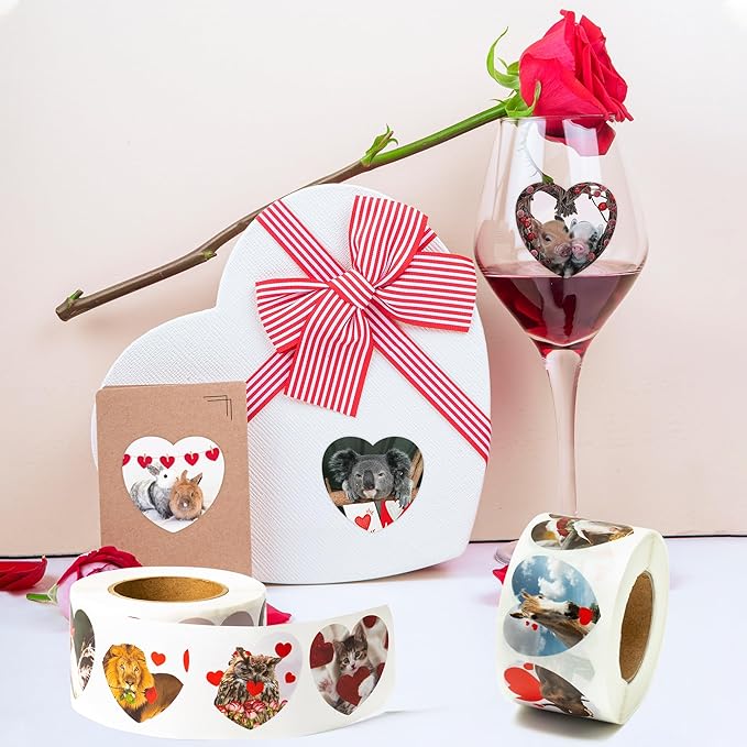 beyumi 1000pcs valentine's day realistic animal stickers in 2 rolls for kids valentine animal heart decals waterproof vinyl labels for greeting card envelope scrapbooking party decor gift girls teens