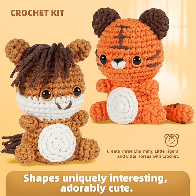 MOREJMTT Crochet Kit for Beginners, Learn to Crochet, Include Easy Knitting Soft Yarn, Step-by-Step Video Tutorial, Hook, Holiday Birthday Gift for Adults (Tiger & Stallion)