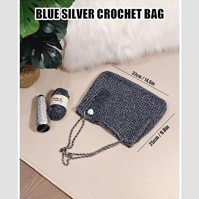 Herally Crochet Kit DIY for Beginners - Include Yarn, Hook and Accessory - with Step by Step Video Tutorials - Shining Tote Bag (Navy Blue)